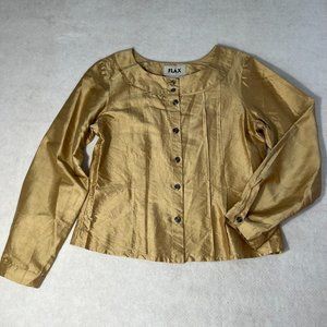 FLAX Womens Button Down Jacket Blouse Small S 100% Silk Gold Long Sleeve Shiny